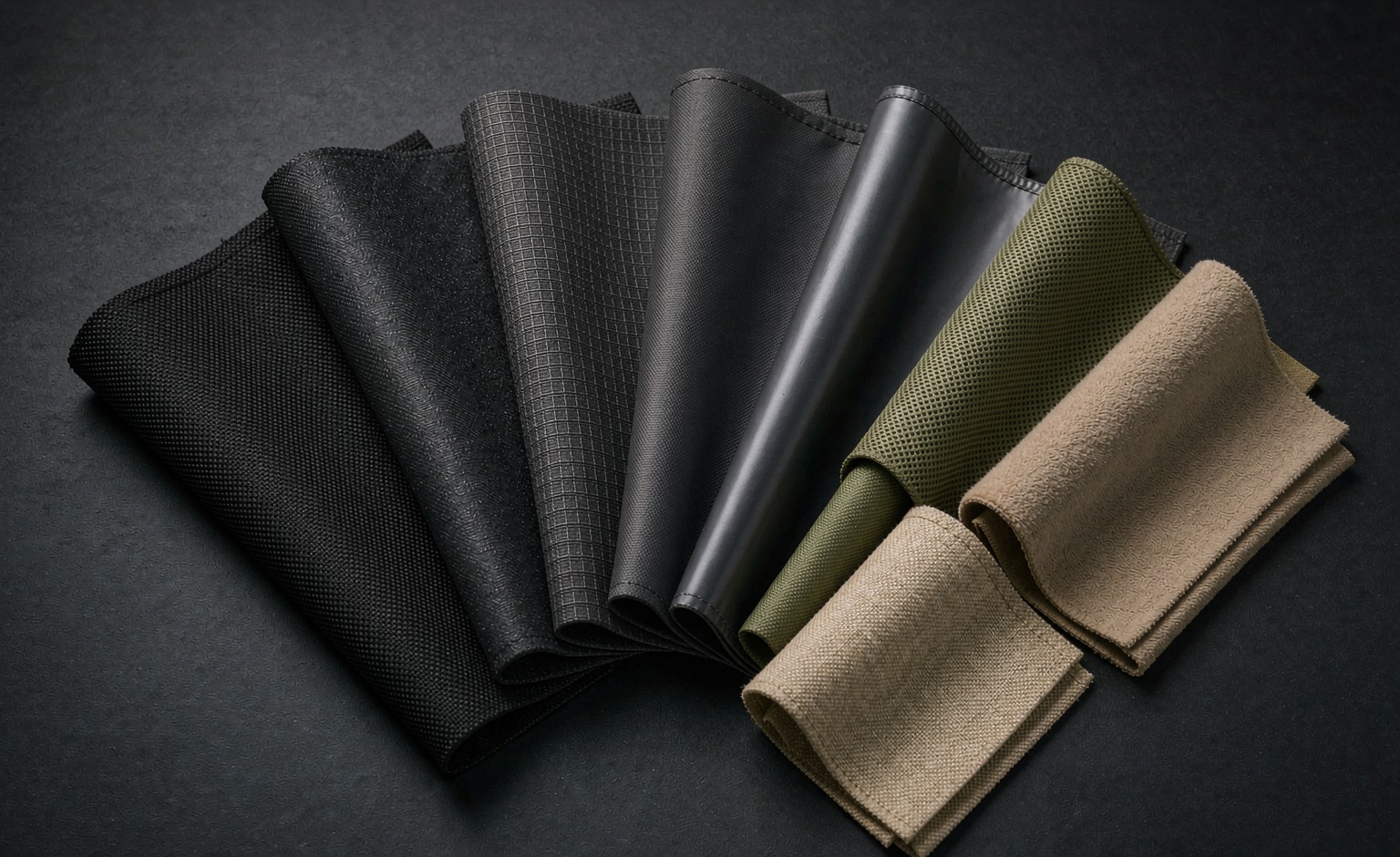 Backpack fabric swatch fan covering ballistic nylon, ripstop, coated oxford, TPU film and spacer mesh
