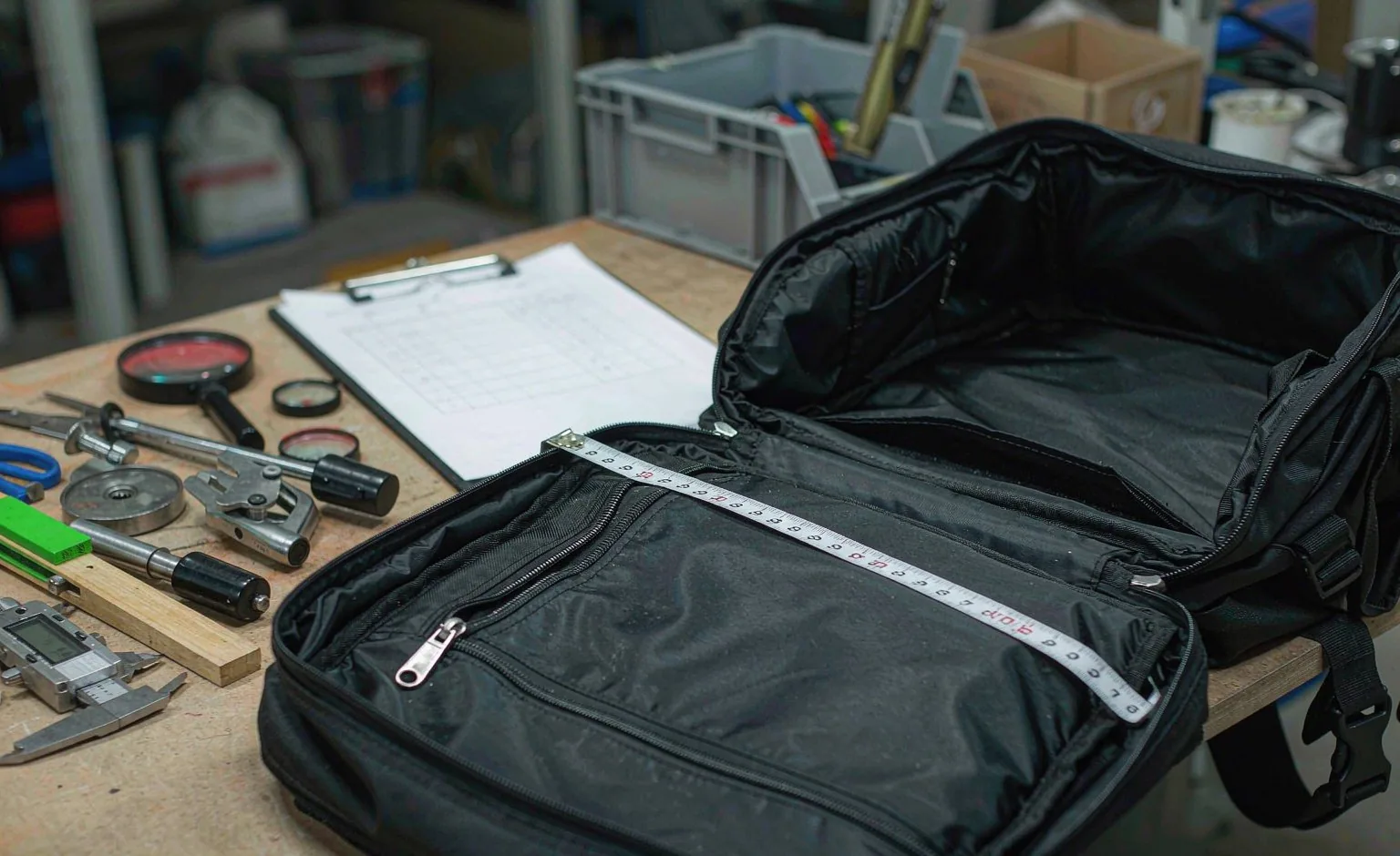 Quality inspection bench with measuring tools and a modular backpack