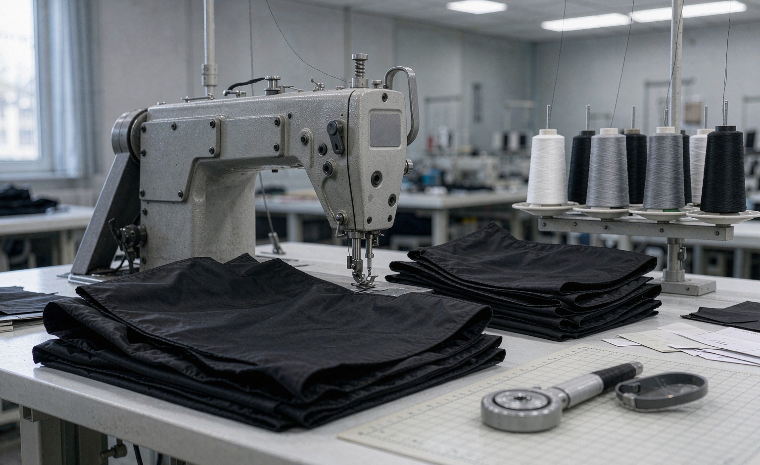 Industrial lockstitch sewing workstation with backpack panels and thread cones