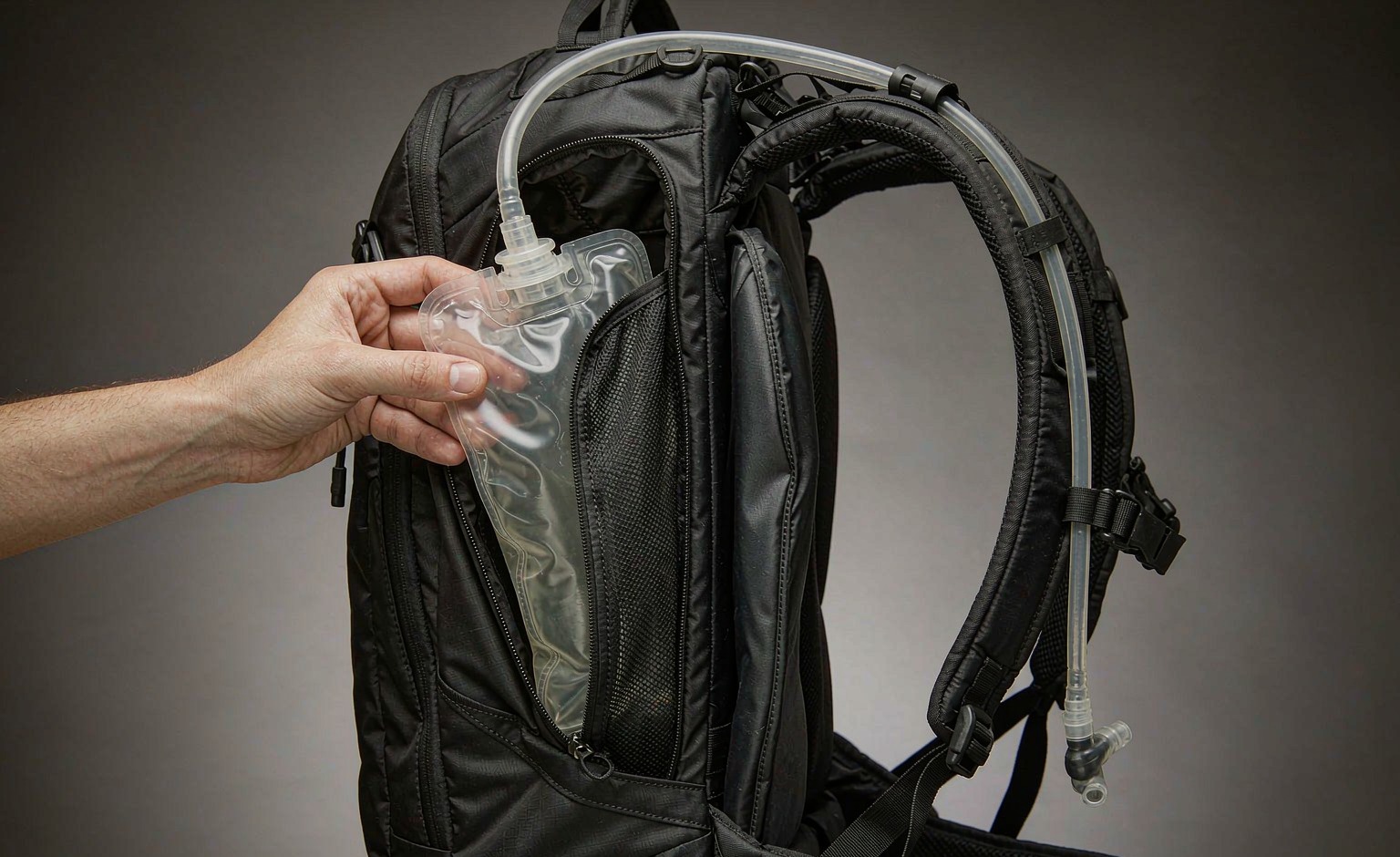 Hydration reservoir being fitted into an insulated sleeve inside a modular backpack