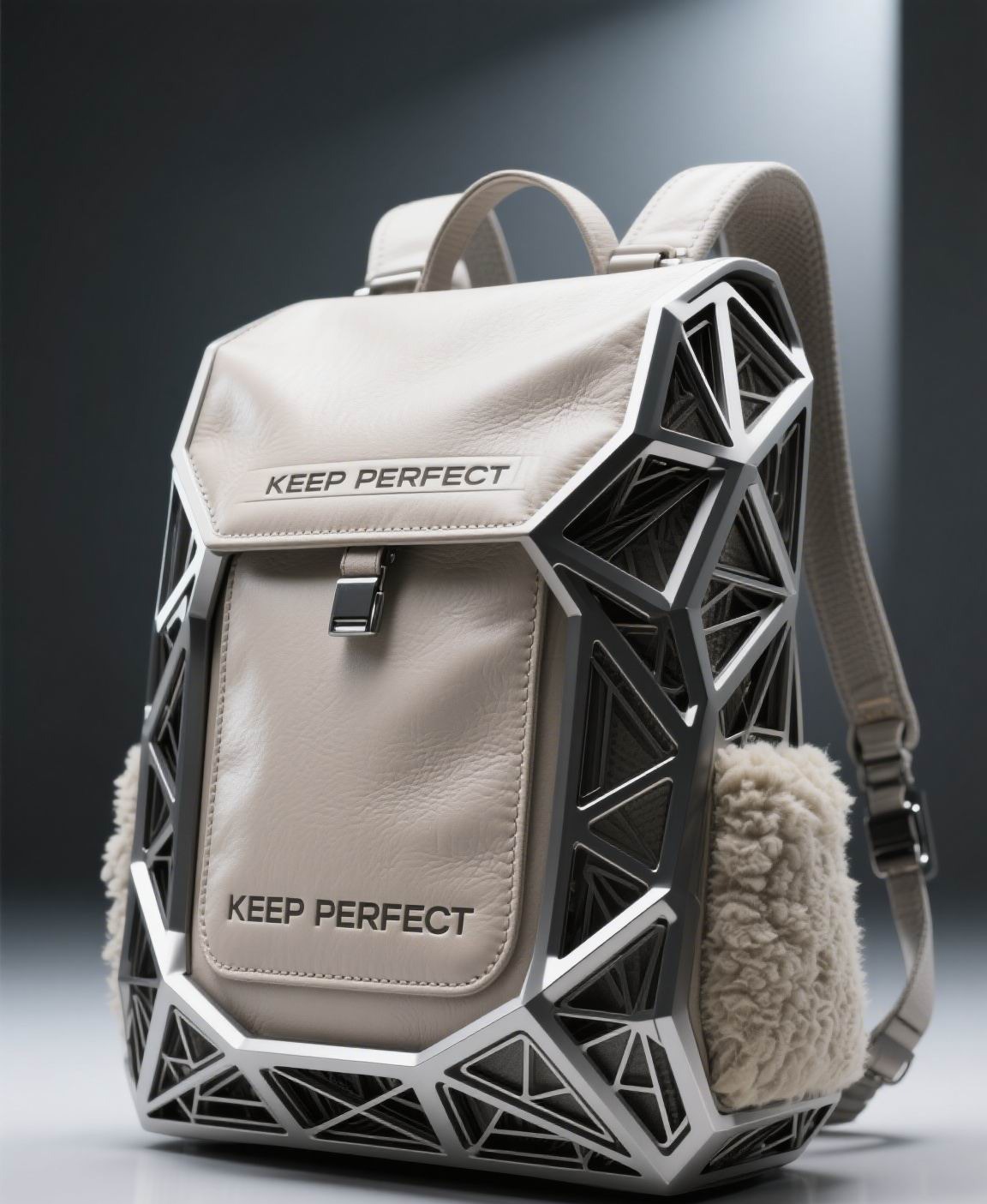 Beige modular backpack with detachable front pouches in a studio setting