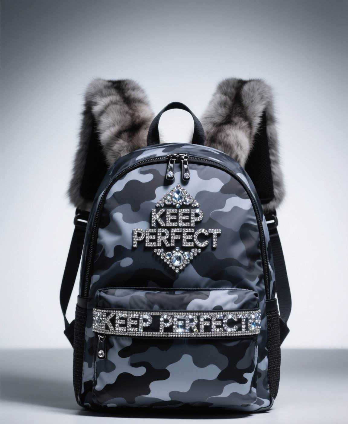 Camo modular backpack with detachable utility pouches and embroidered branding