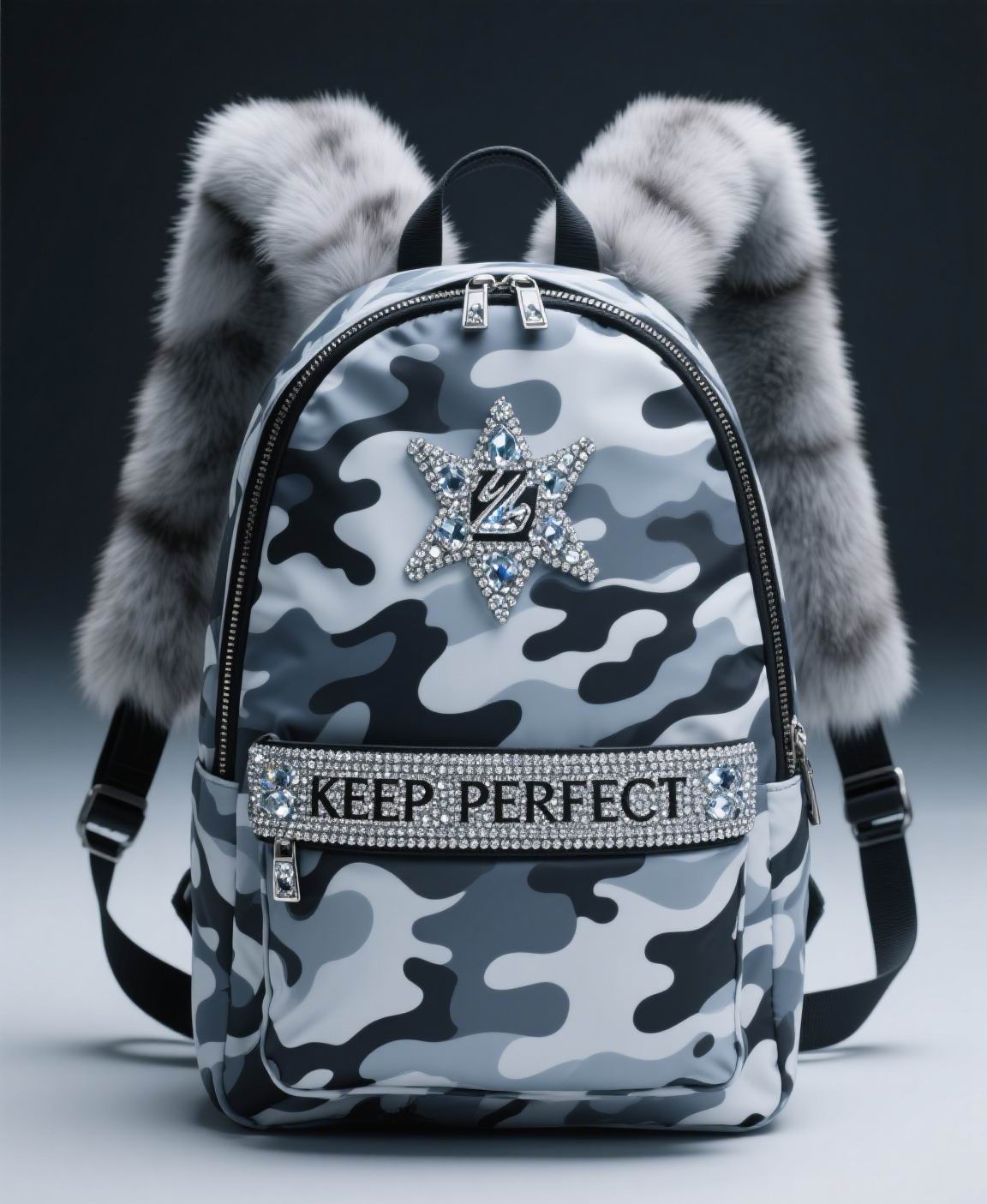Camo modular backpack with a detachable front module and padded harness