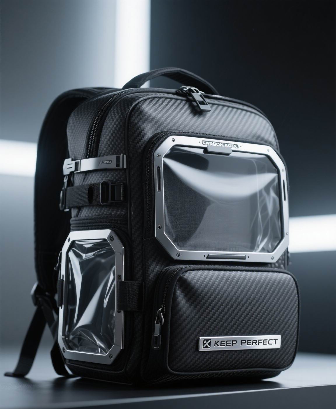 Carbon-look modular backpack with transparent front pouches and webbing ladders