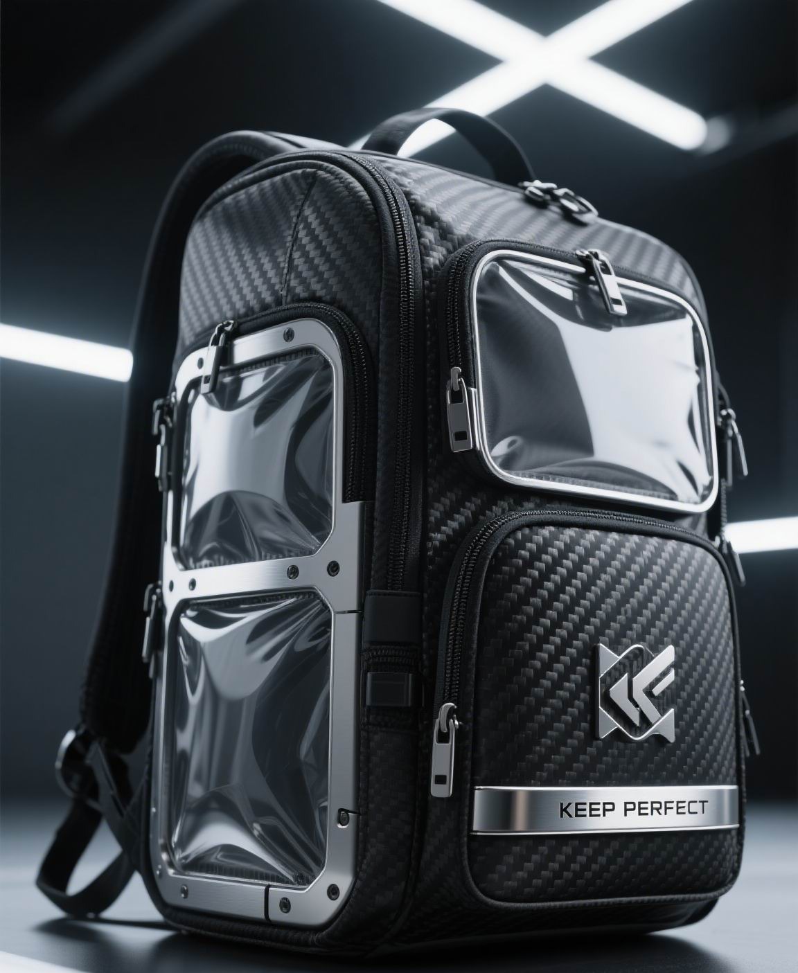 Dark modular backpack with transparent accessory pouches on a webbing panel