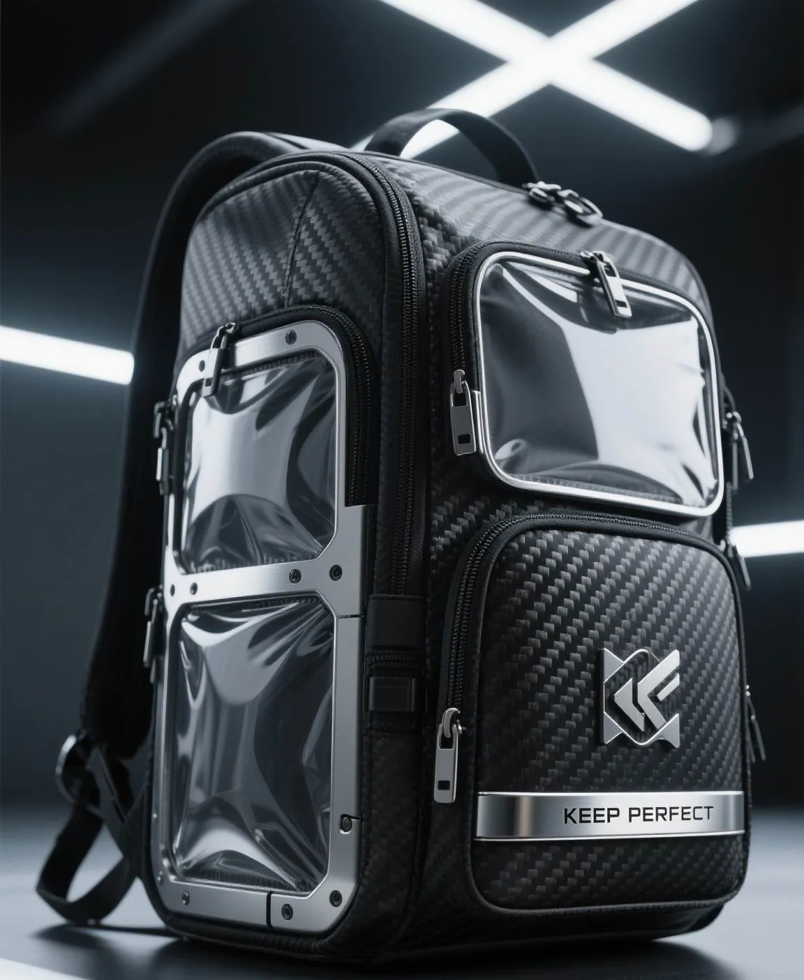 Dark modular backpack with attachment grid