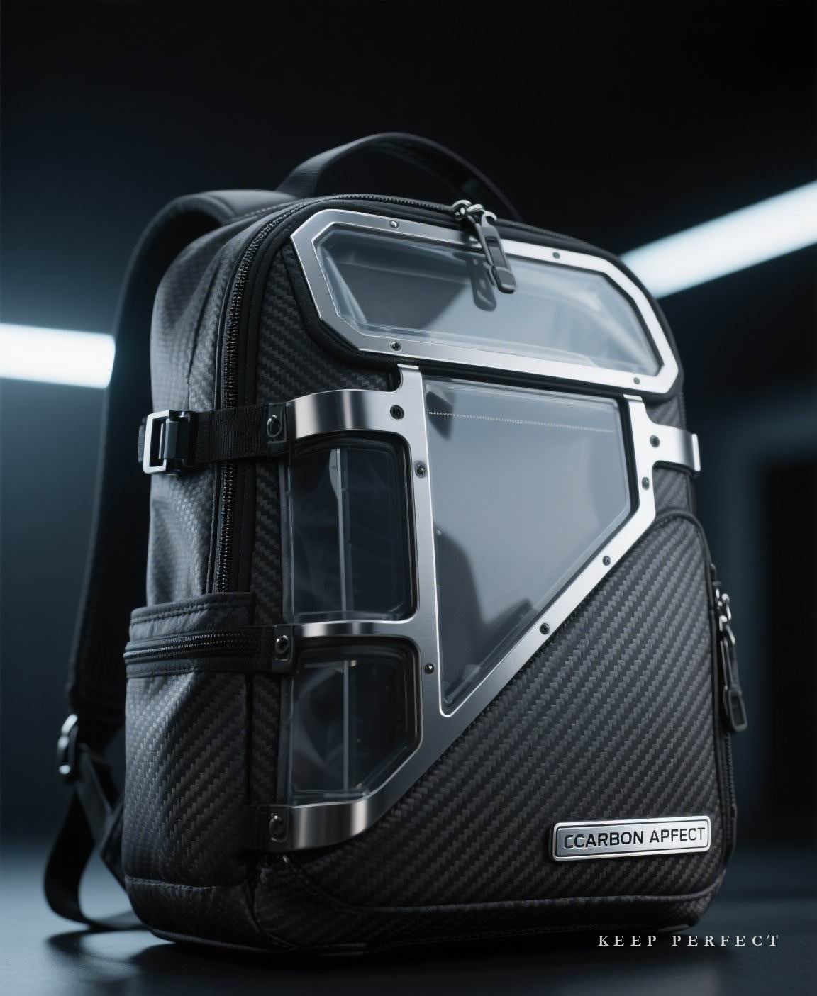 Modular backpack with a carbon-look panel and clear accessory windows