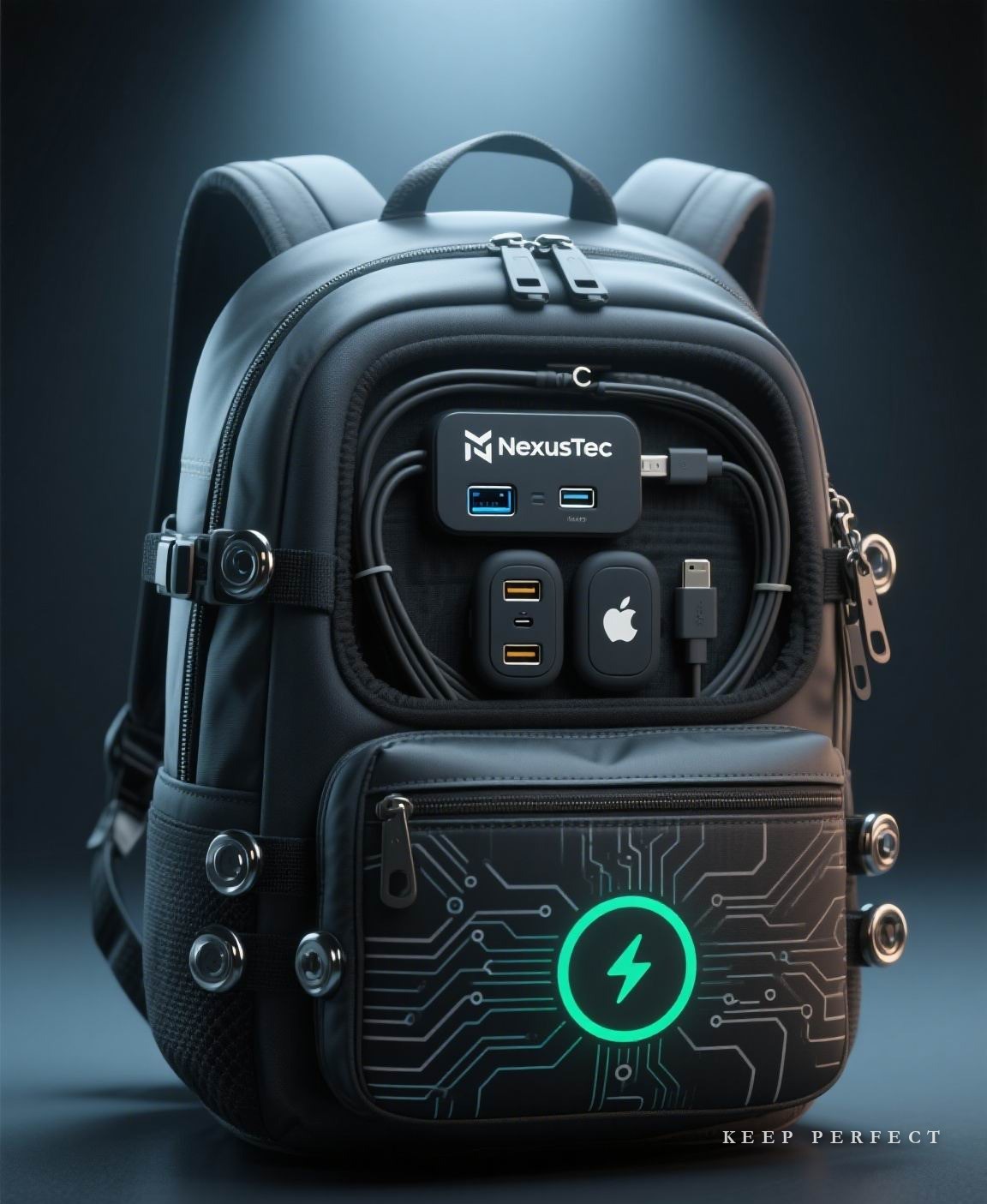Modular backpack with an integrated accessory and charging panel