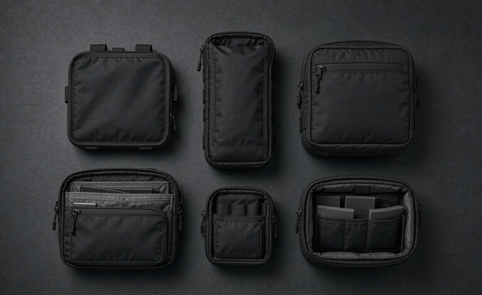 Six detachable backpack modules laid out in a grid with MOLLE-compatible rear straps