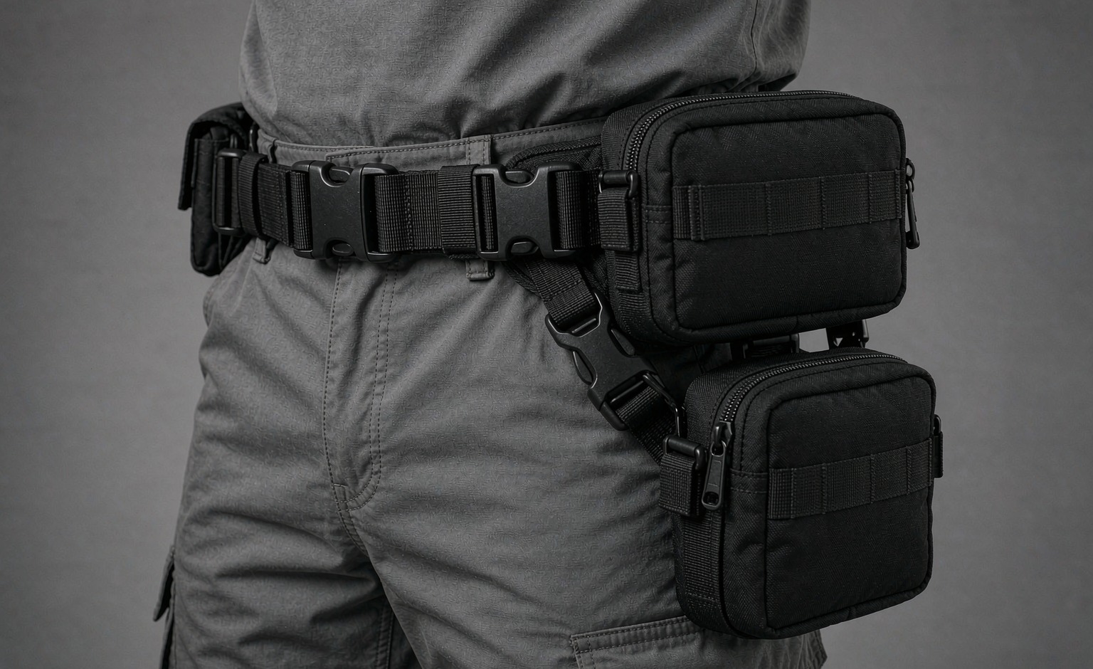 Modular waist pack worn on the hip with one detachable side pouch
