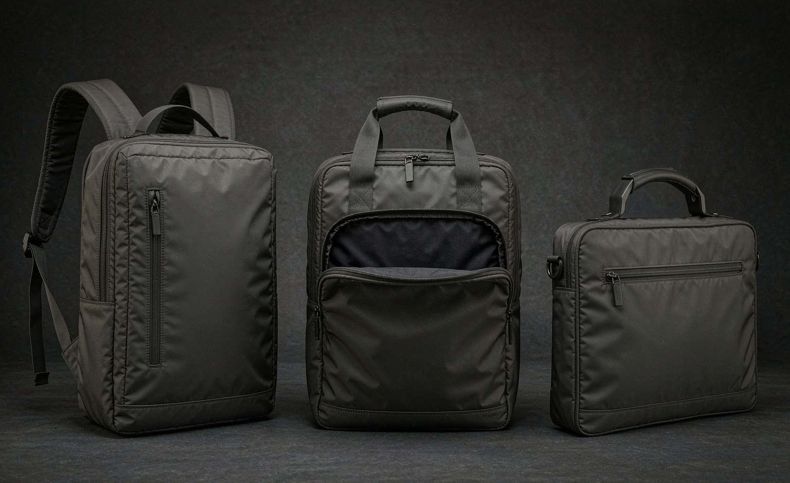 Convertible backpack shown in backpack, duffel and briefcase carry modes