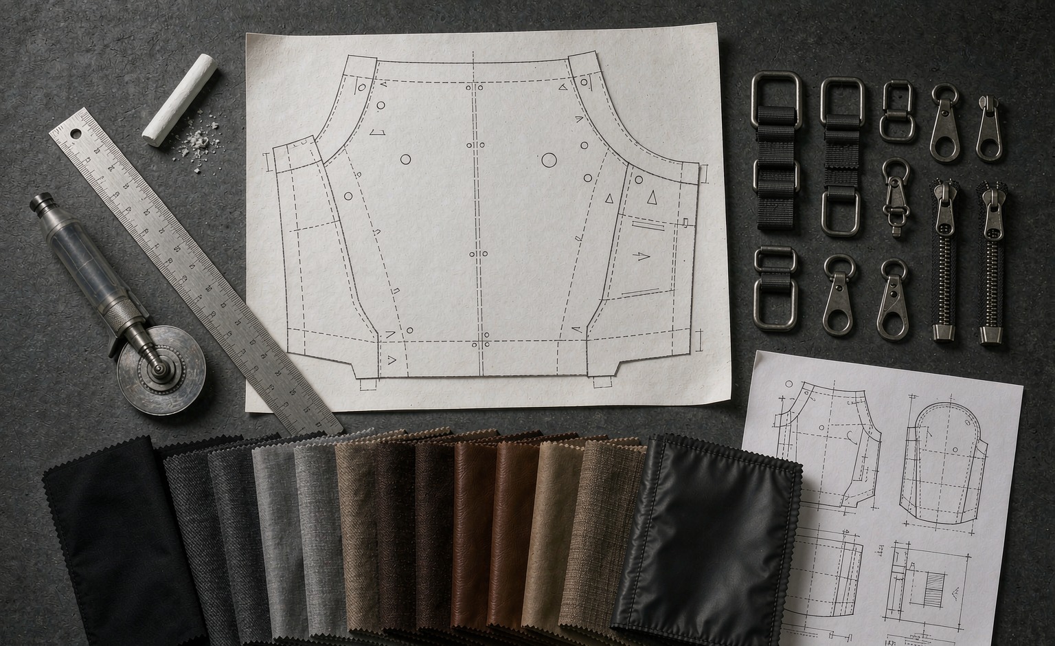 Modular backpack development flat-lay with pattern pieces, swatches and hardware