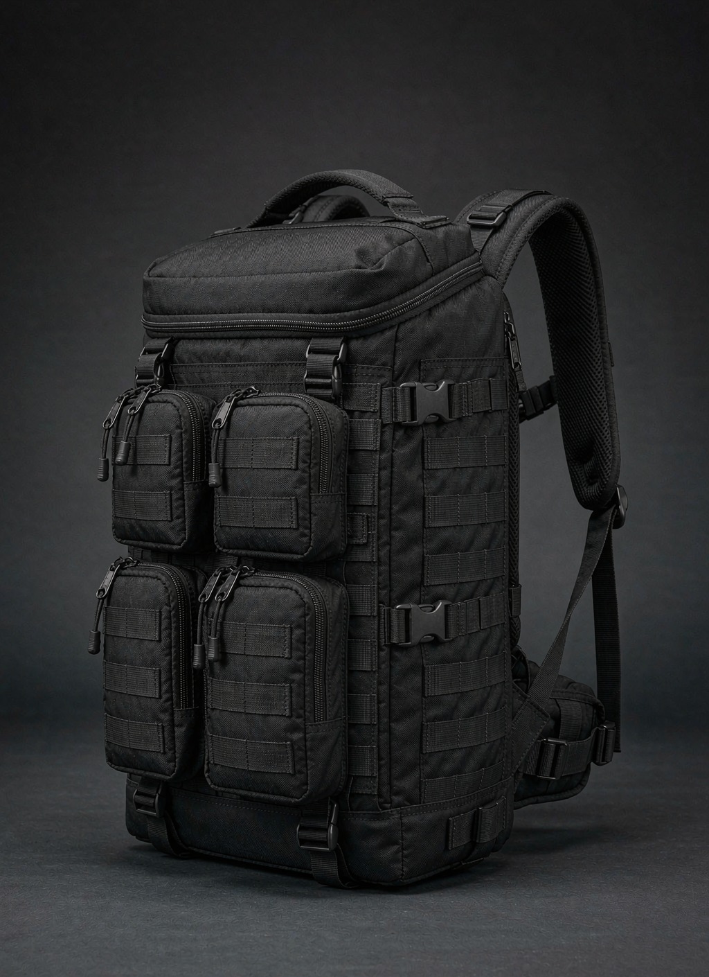 Black modular backpack with detachable pouches on a MOLLE webbing front panel