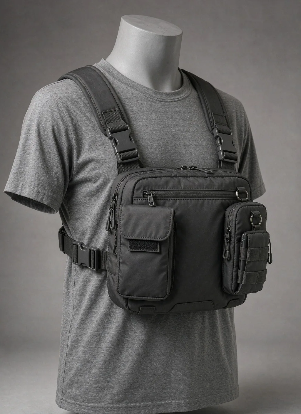 Chest rig and waist pack modules showing attachment webbing and buckles