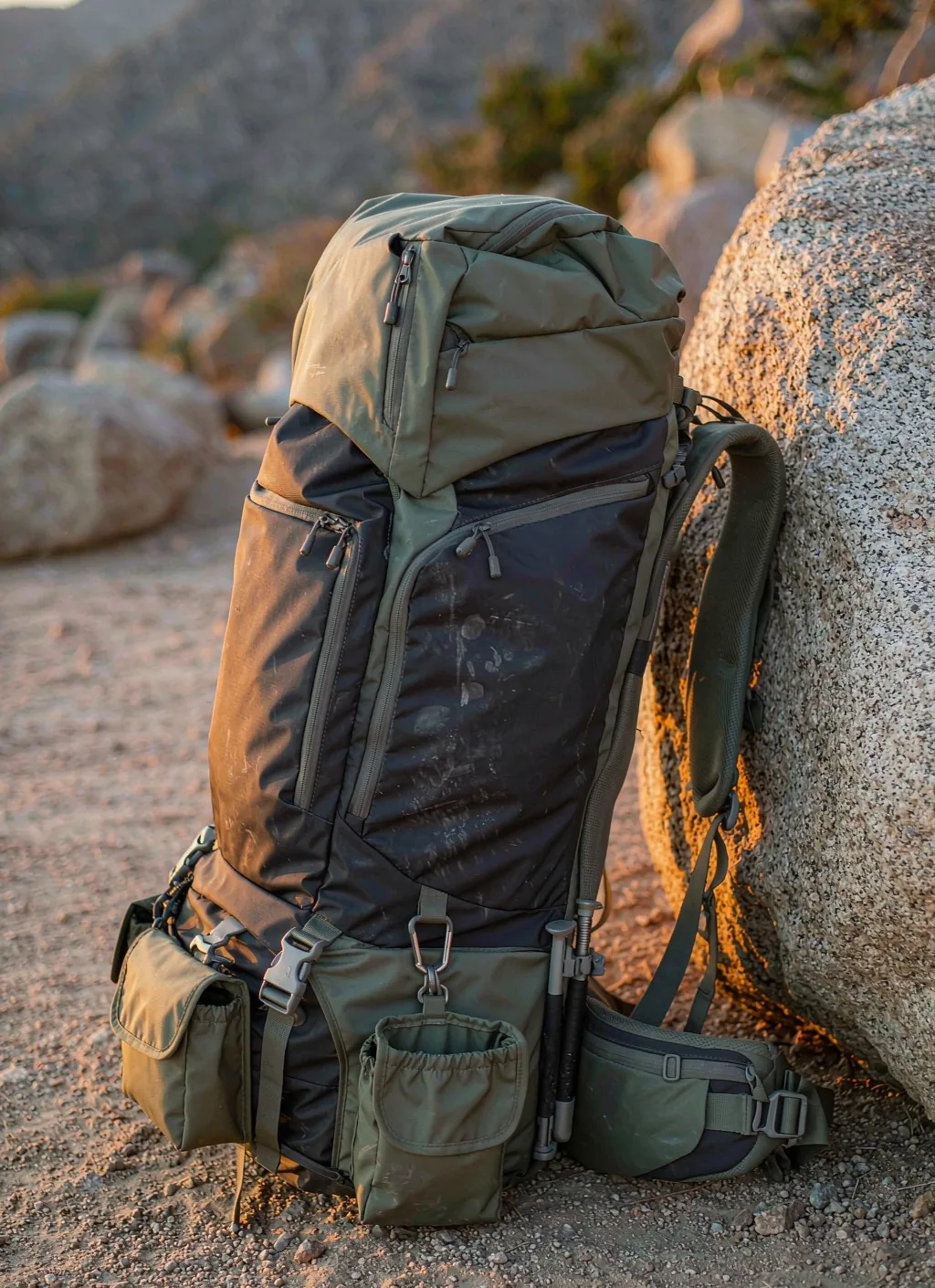 Modular hiking backpack with external attachment points on a trail