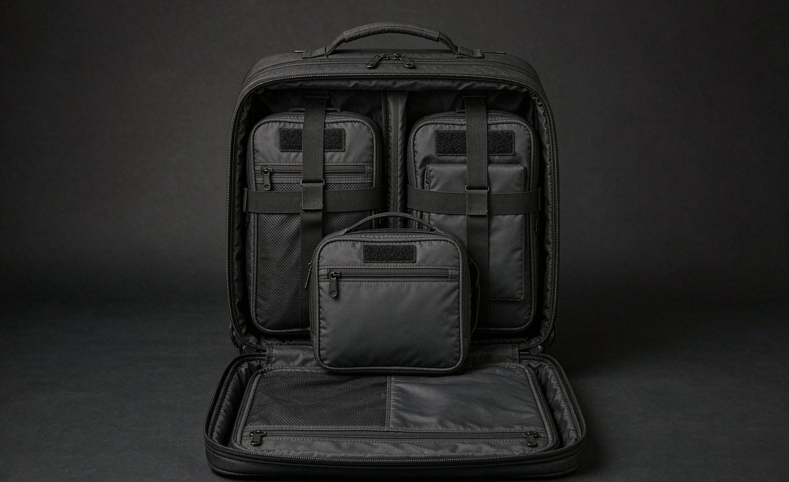 Carry-on modular travel backpack opened flat with packing cubes and a toiletry module