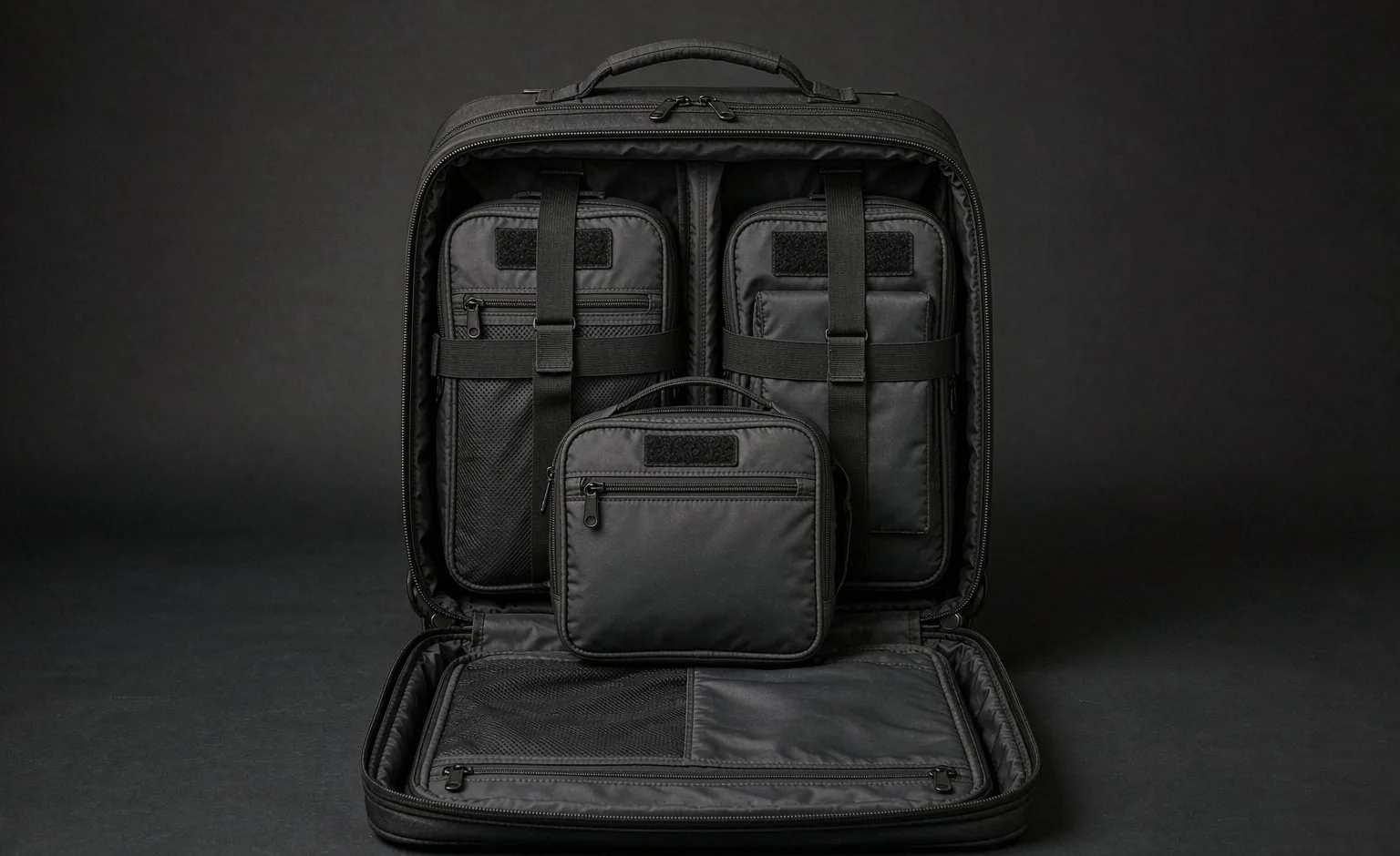 Modular travel backpack with packing modules beside a cabin-sized frame