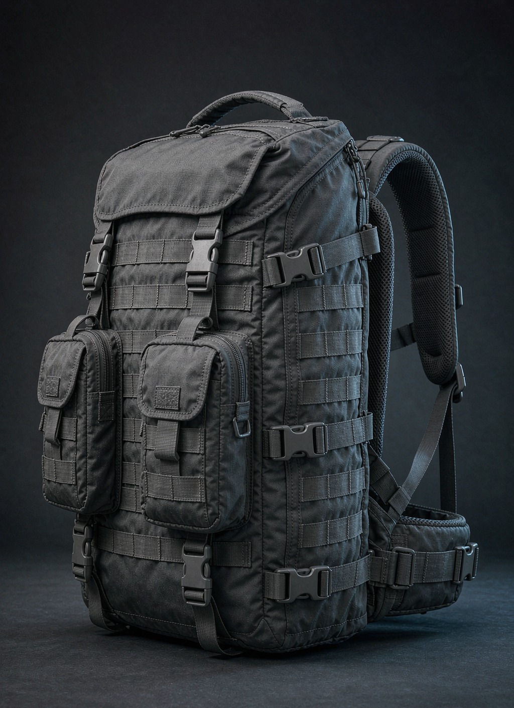 Charcoal tactical backpack with PALS webbing rows and detachable utility pouches