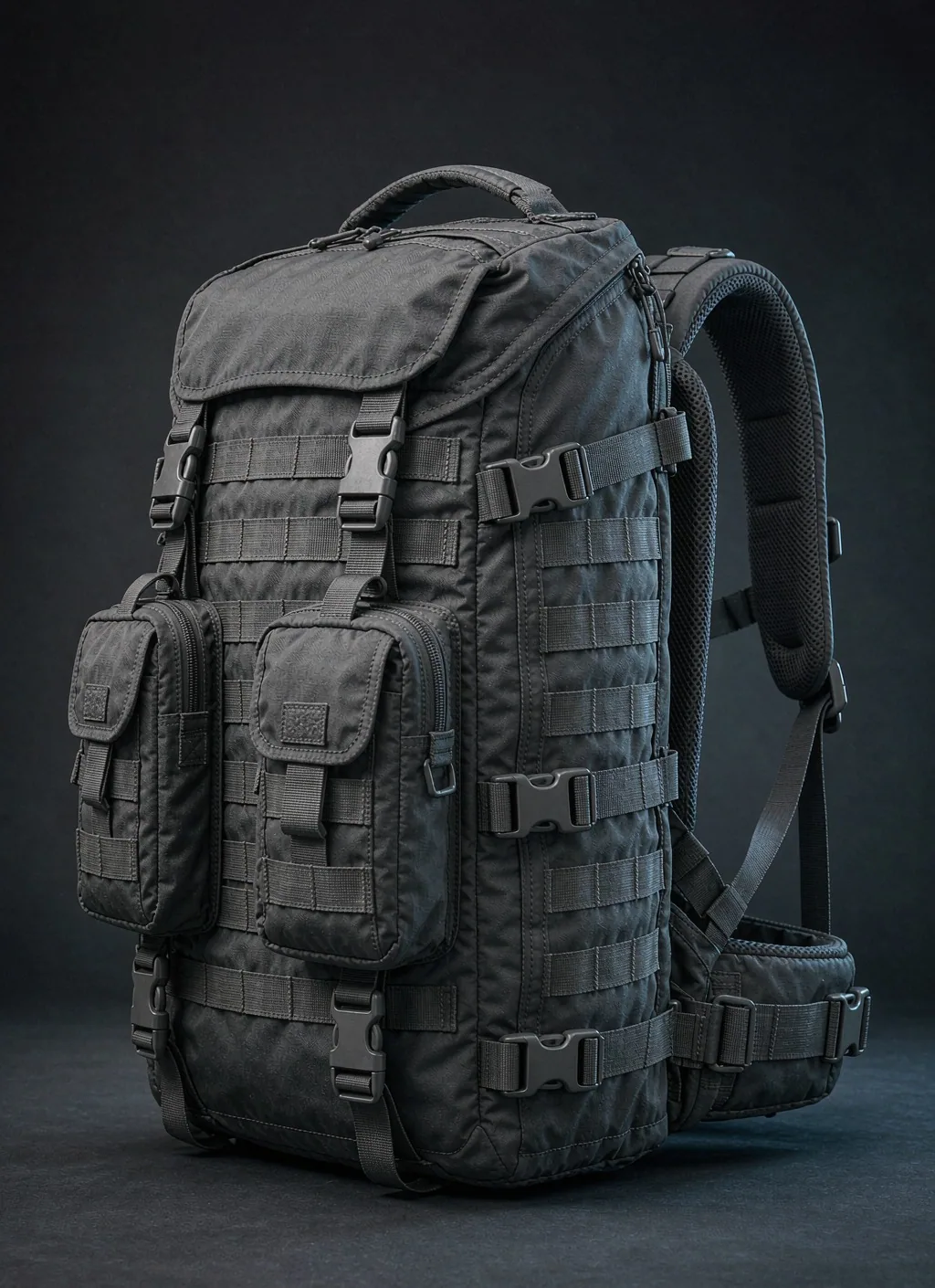 Tactical-style backpack arranged for civilian load carriage with modular pouches