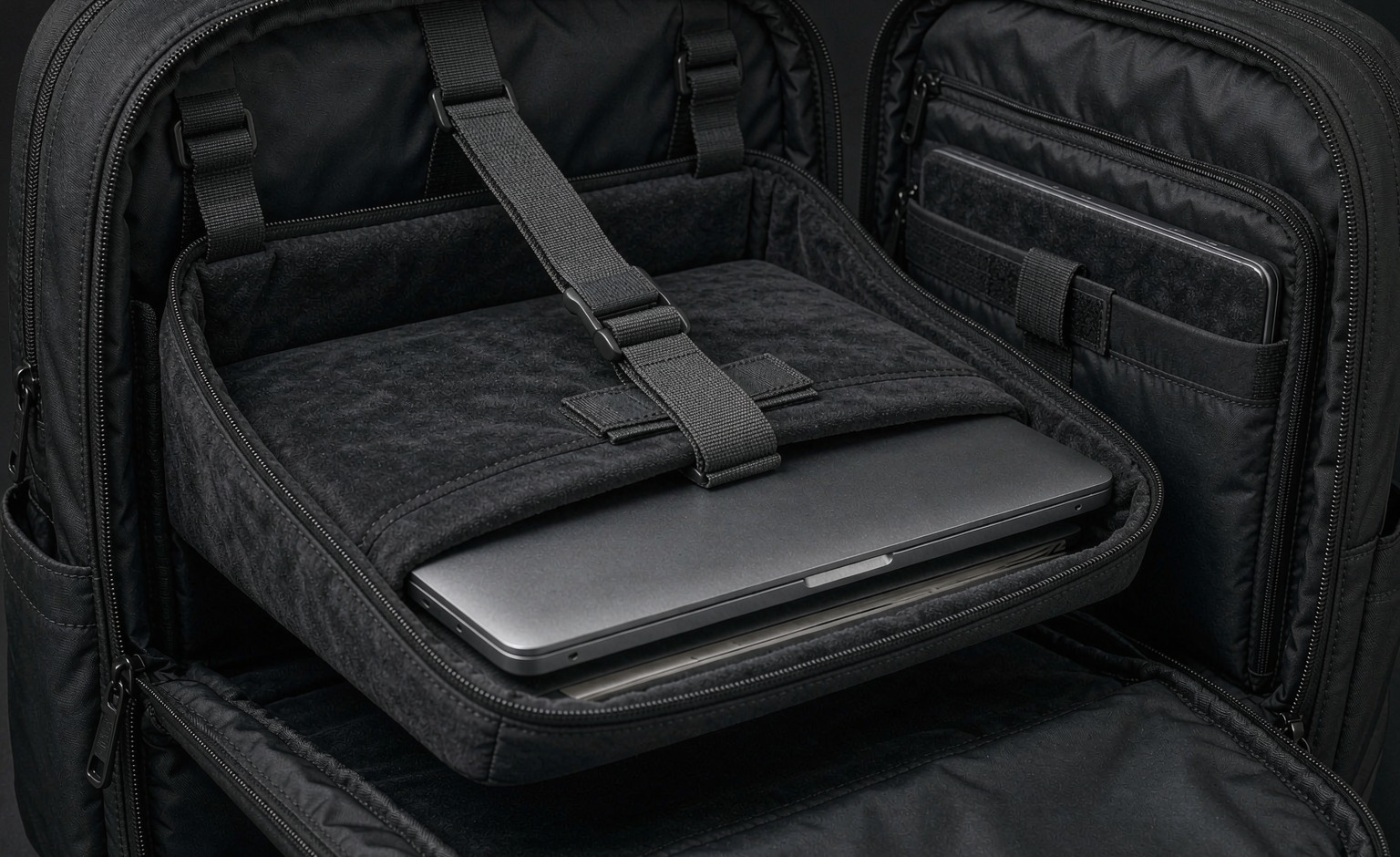 Suspended padded laptop sleeve module inside an open backpack
