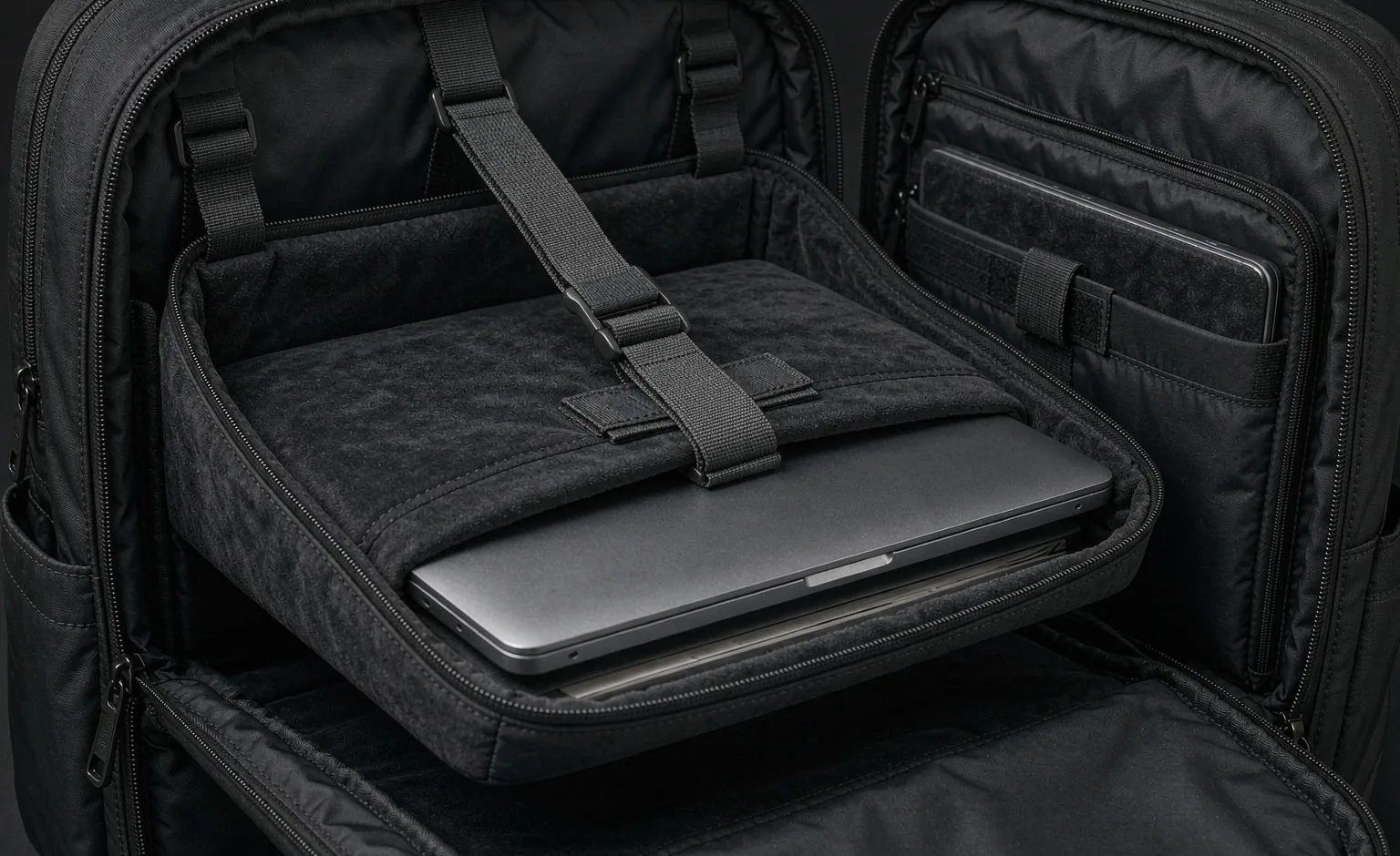 Suspended padded laptop sleeve module inside a backpack