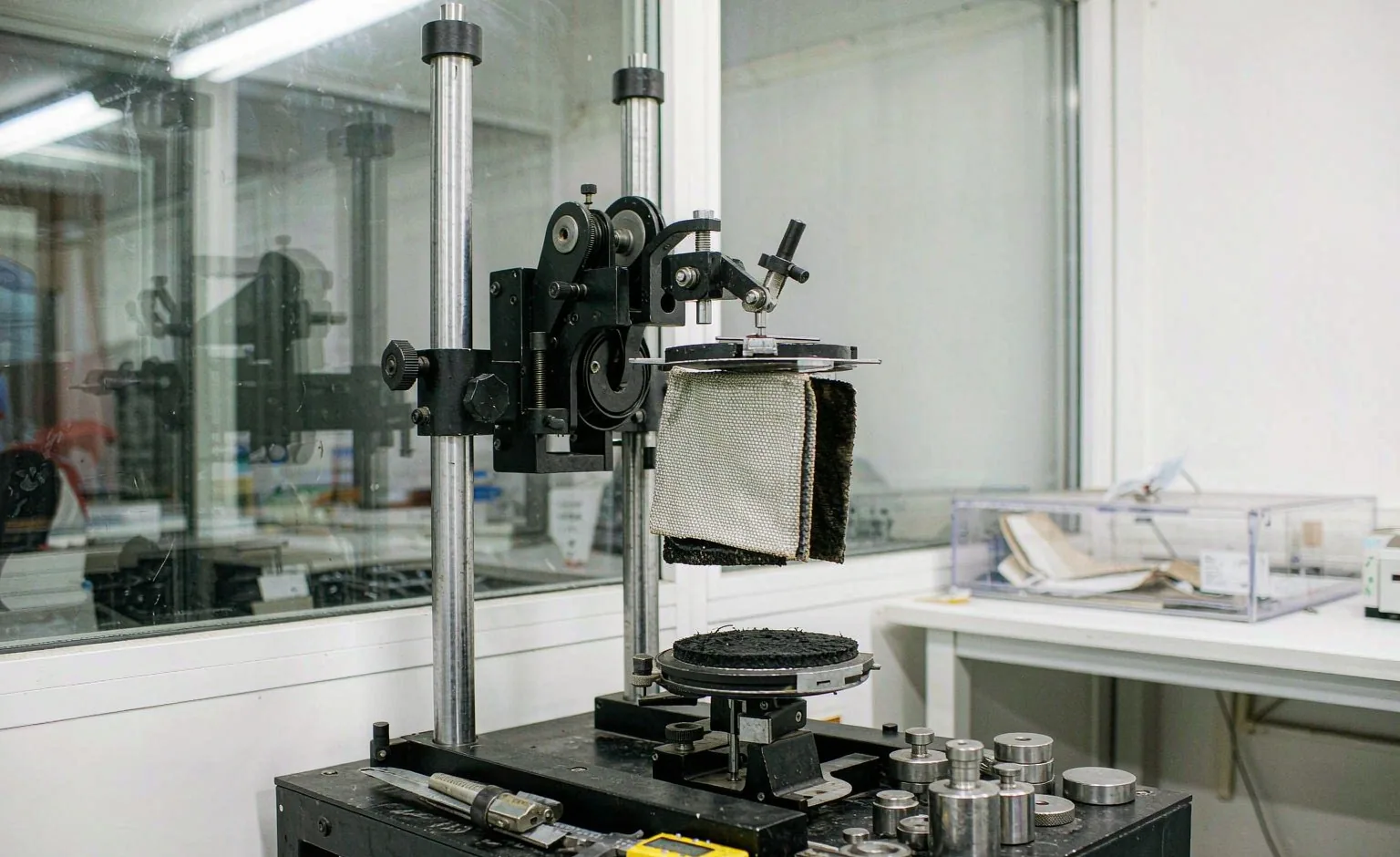 Abrasion and tear testing equipment in a textile laboratory