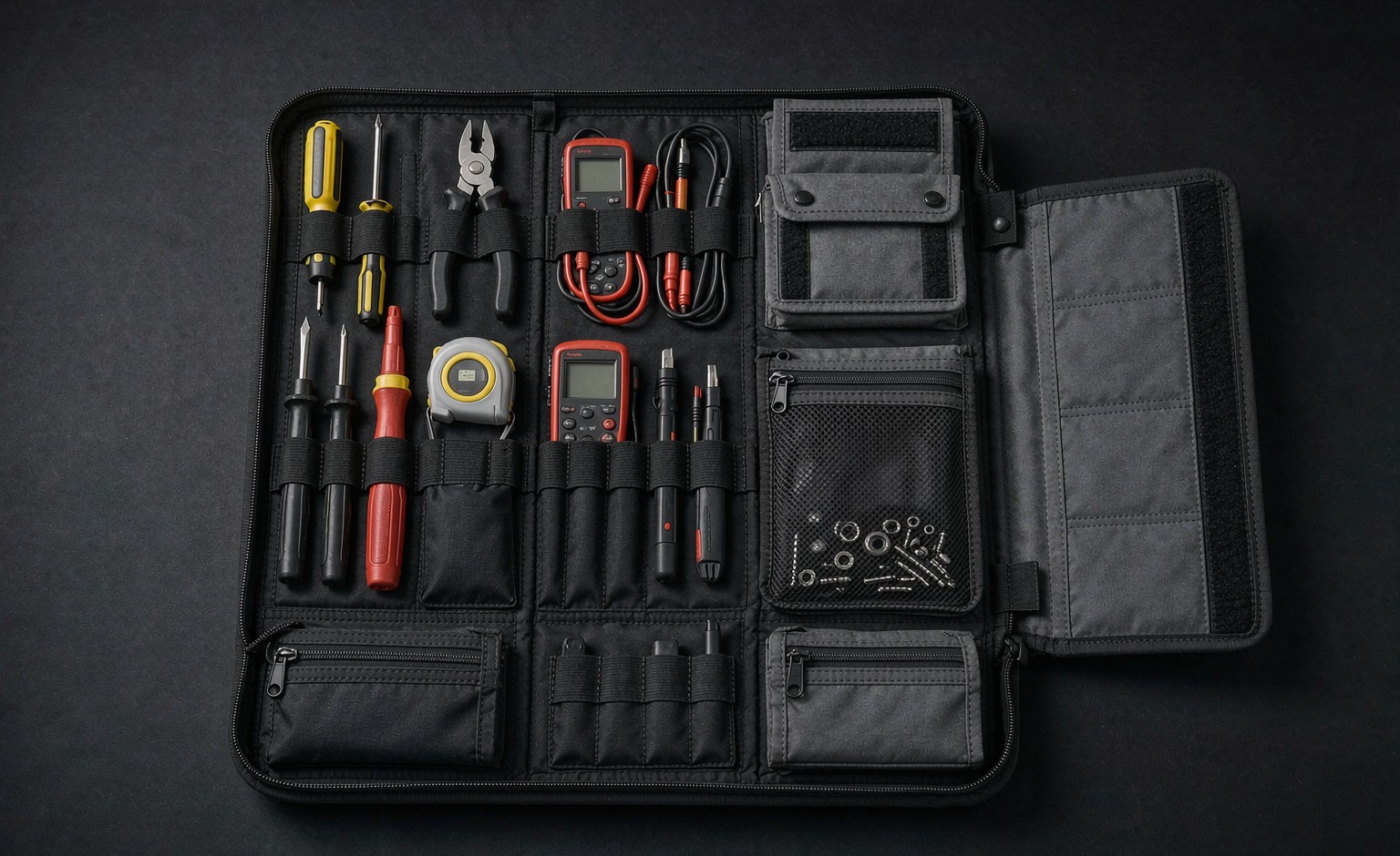 Open tool organizer module with elastic loops holding hand tools and a multimeter