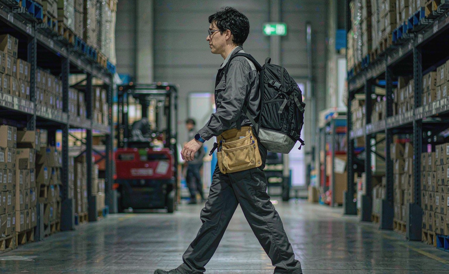Warehouse worker carrying a modular work backpack with a detachable waist pouch